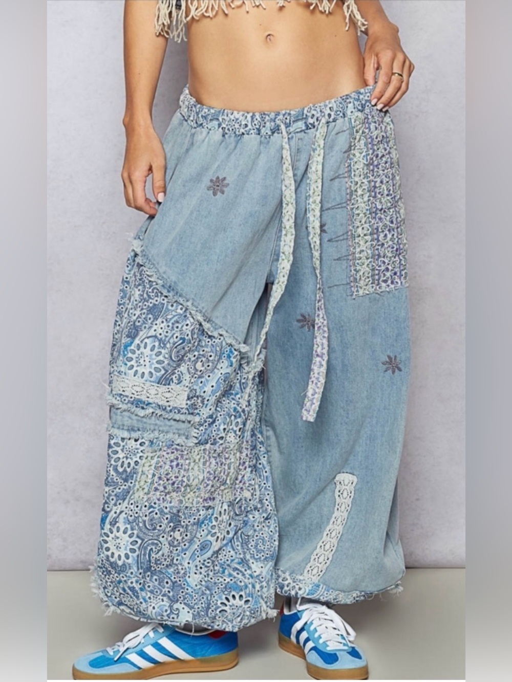 POL Blue Mix of Patchwork Women’s Jeans Jogger with Drawstring Waist